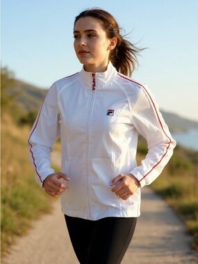 FILA Vintage White Windbreaker Jacket with Red Accents Women’s Medium 80s